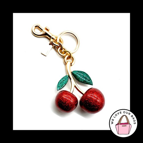 New $90 COACH Red GLITTER RESIN Cherry Key Fob Bag Charm Keychain Hang Tag 58516 - Picture 2 of 2